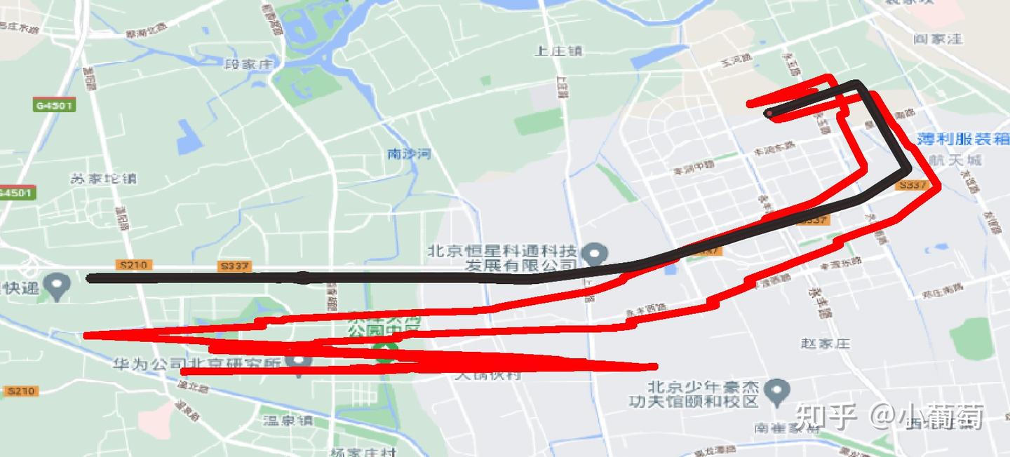 INS trajectory (red) versus ground-truth trajectory (black). Rendered with QGIS.